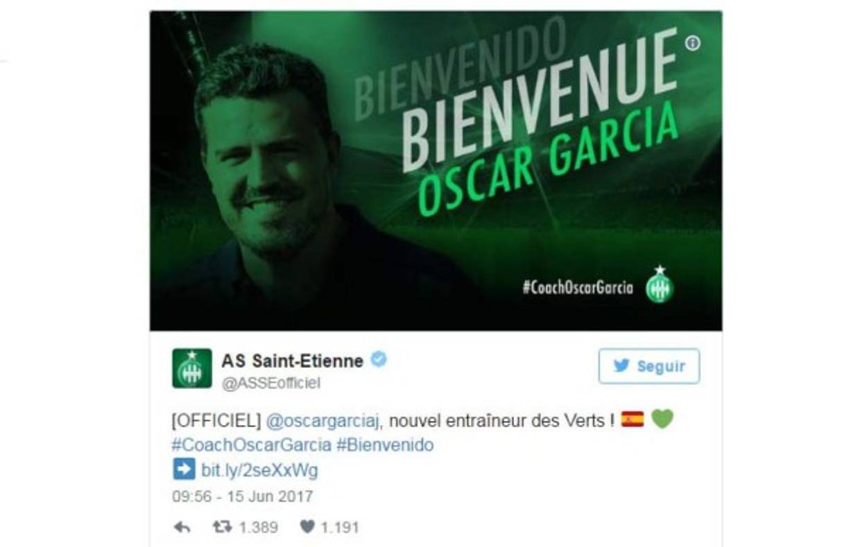 El club francés ha hecho oficial la llegada de Óscar García como nuevo entrenador. El técnico, que había entrenado al RB Salzburgo ha firmado un contrato por dos años.