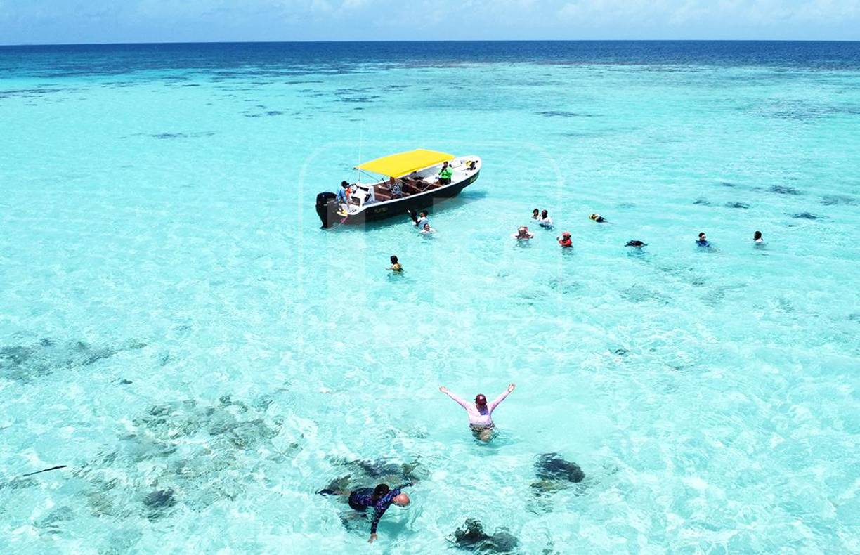 Ya dentro del anillo celeste se puede nadar y bañar sin miedo a las profundidades. El agua llega al pecho a los más bajitos y andar es fácil porque la corriente es dócil. Con visores de snorkel es el mejor lugar para ver la fauna marina y los bellos corales que están sobre este cayo sumergido.