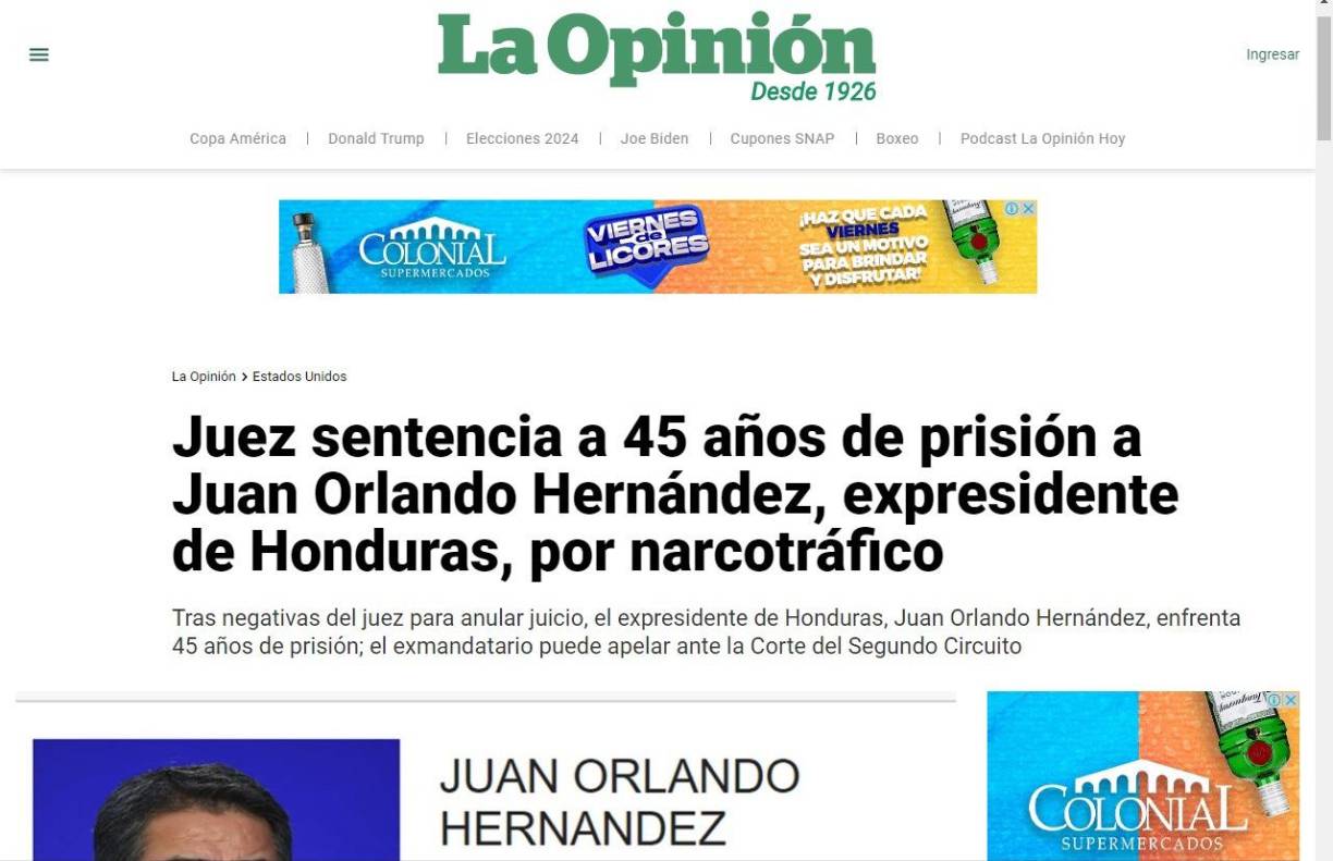 El medio La Opinión no se quedó atrás con la sentencia de JOH. 