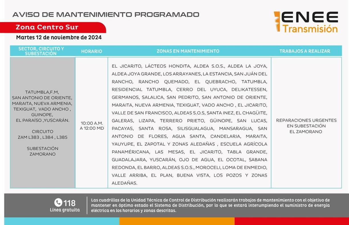También, en municipios del norte de Francisco Morazán y algunos del departamento de El Paraíso, habrá cortes de electricidad. 