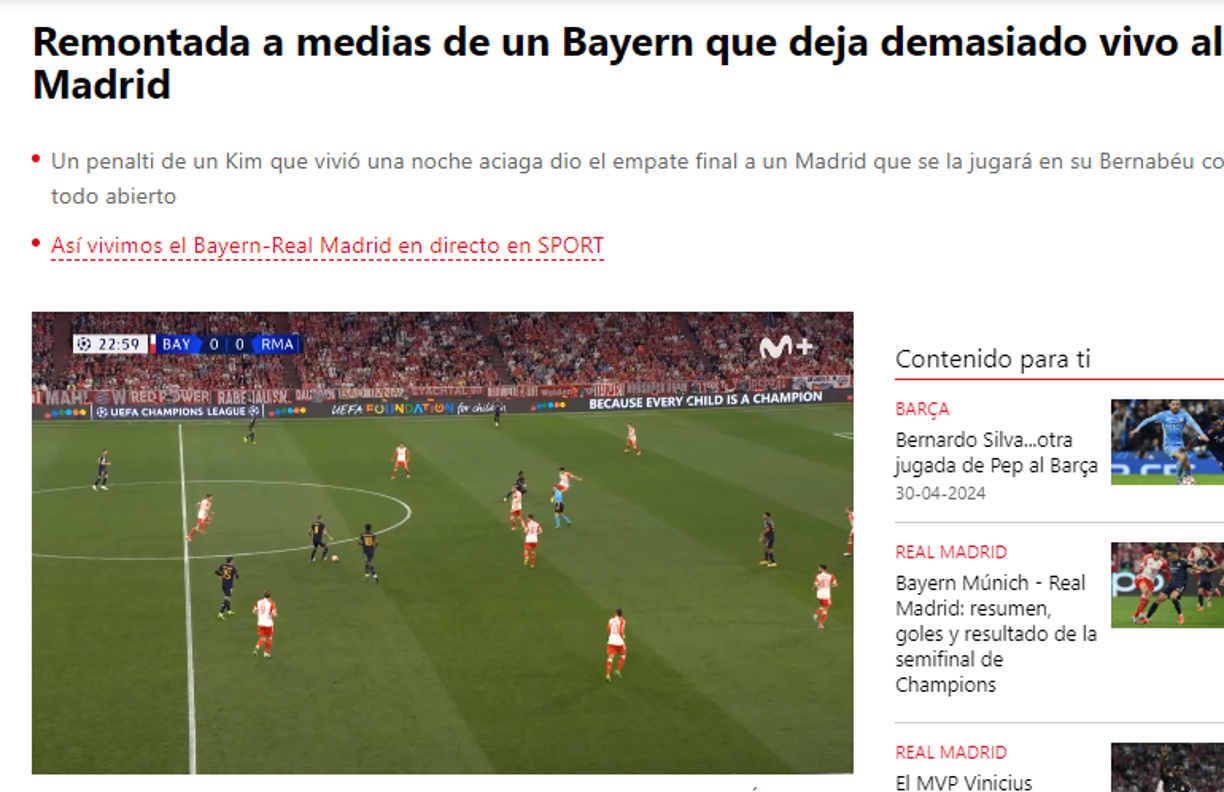“Remontada a medias de un Bayern que deja demasiado vivo al Madrid”, Sport de España.