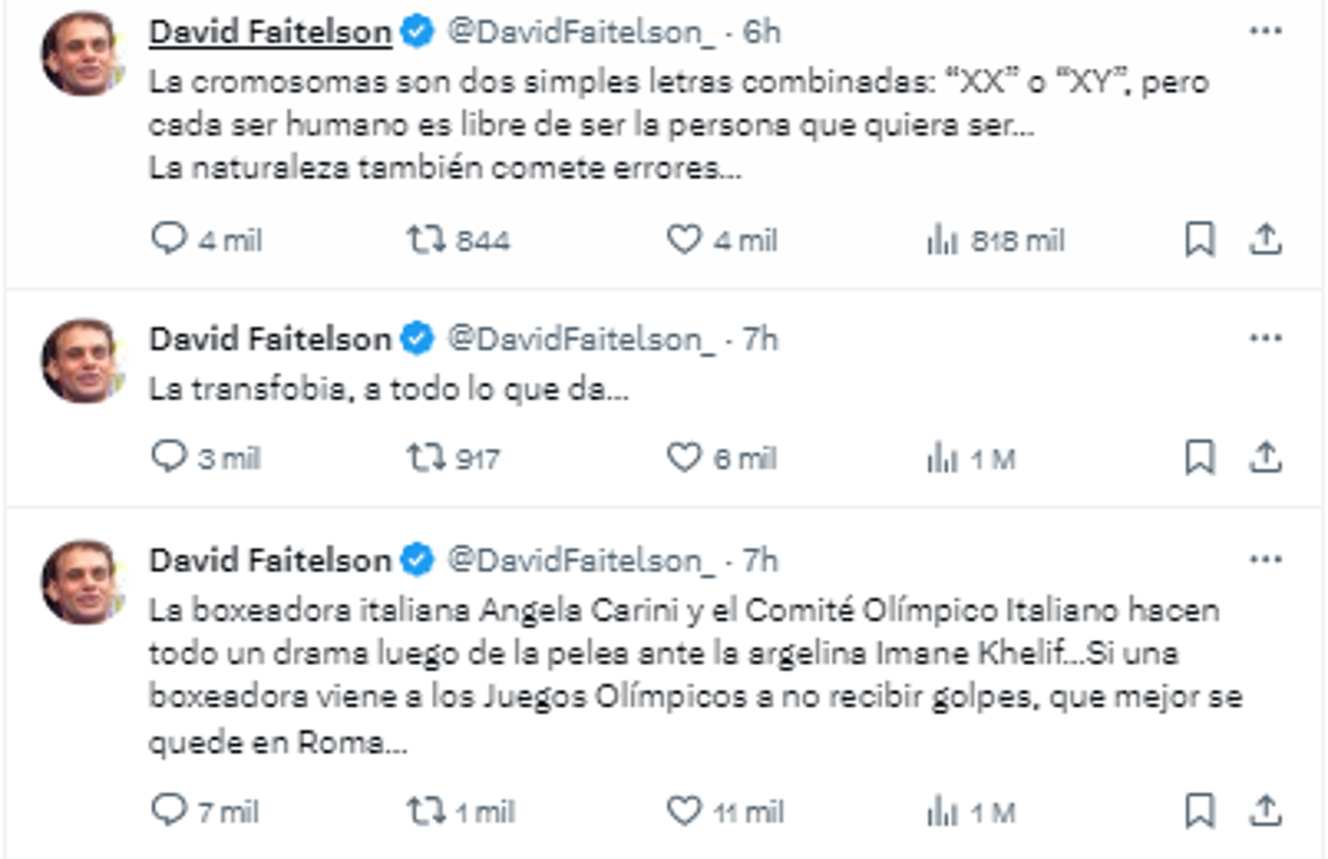 “La boxeadora italiana Angela Carini y el Comité Olímpico Italiano hacen todo un drama luego de la pelea ante la argelina Imane Khelif...Si una boxeadora viene a los Juegos Olímpicos a no recibir golpes, que mejor se quede en Roma...”, fue otro d e los comentarios de Faitelson.