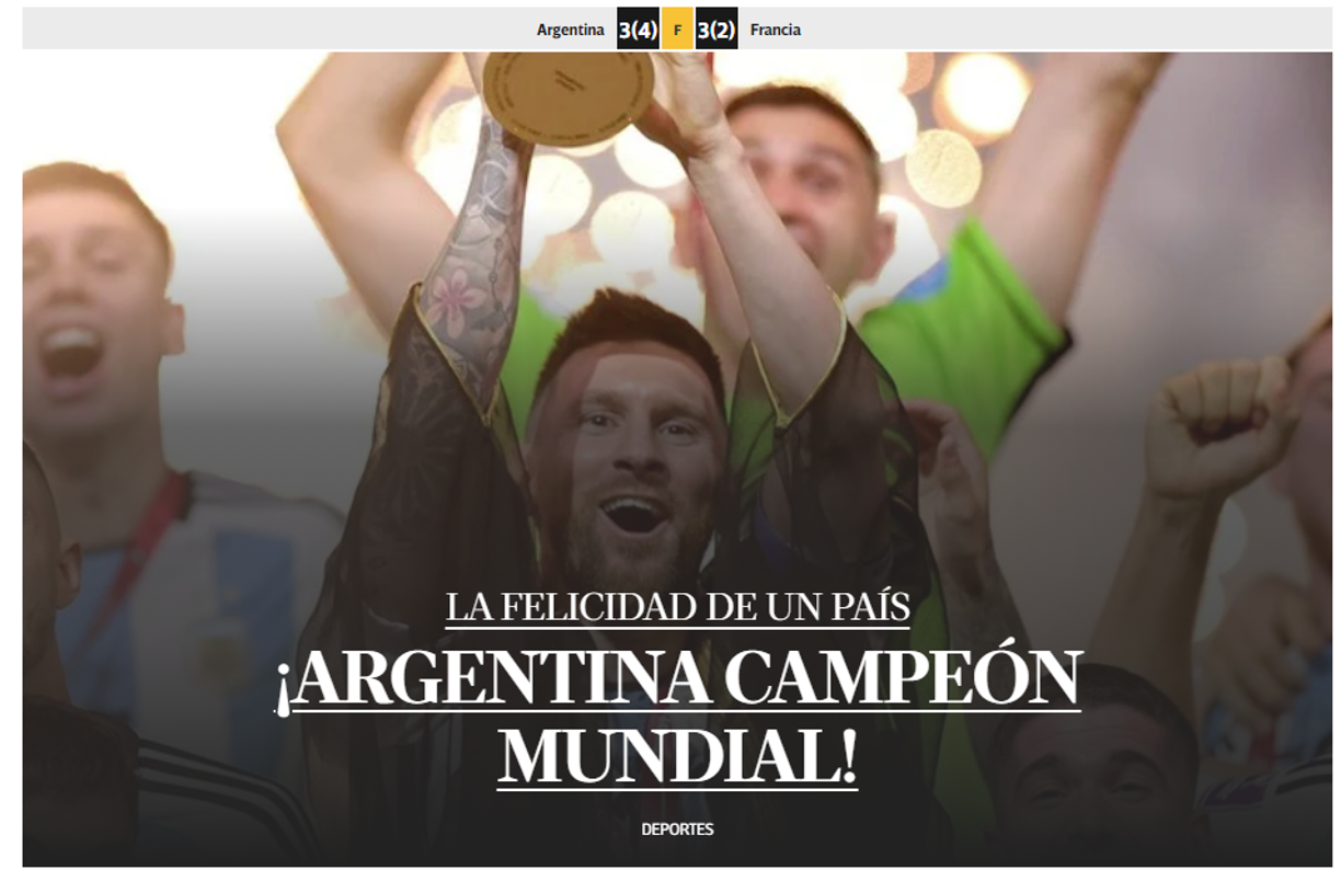 Clarín de Argentina: “La felicidad de un país. ¡ARGENTINA CAMPEÓN MUNDIAL”.