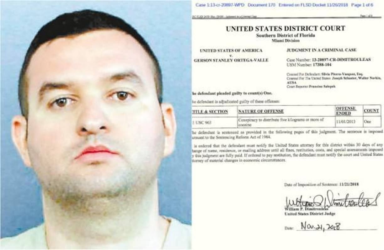 Gerson Stanley Ortega Valle, el jefe de operaciones del cartel hondureño de los Valle Valle, fue sentenciado en 2018 en una Corte Federal del Distrito Sur de la Florida a pasar nueve años de cárcel.