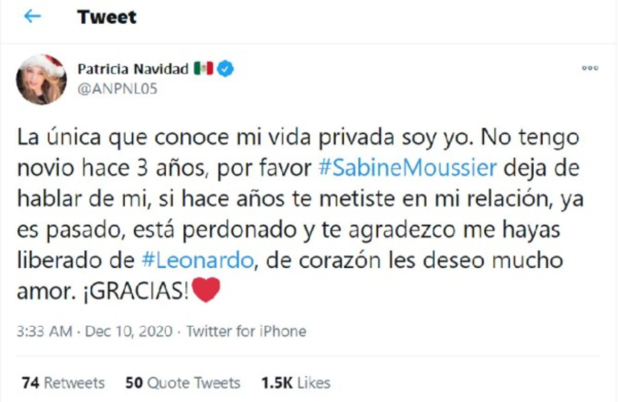 El mensaje que compartió Paty Navidad en su cuenta de Twitter.