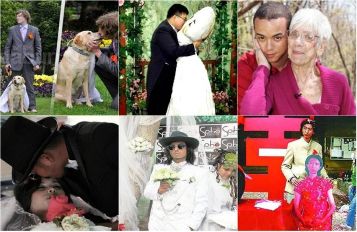 Un chico con una perra, nieto con su abuela, otro hombre con una almohada y otro hasta con él mismo... estos son los matrimonios de locura en el mundo.
