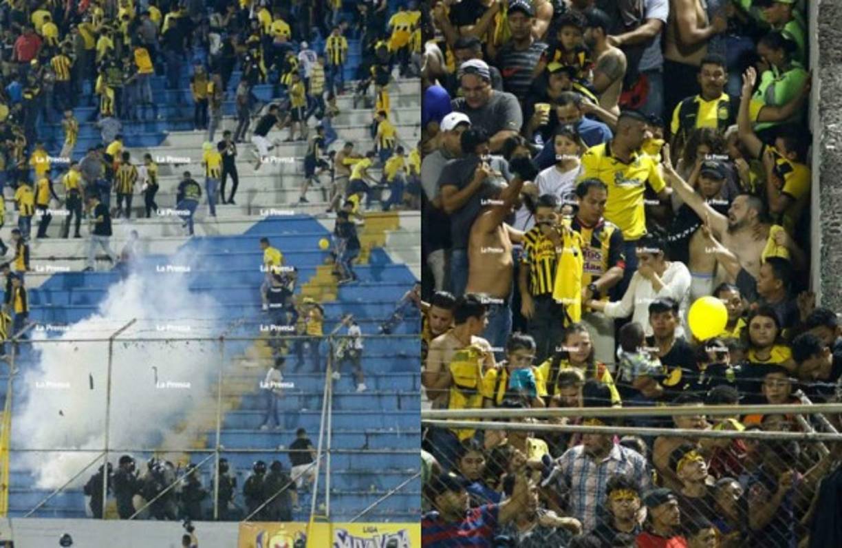 Real España fue eliminado a manos de la UPN en el estadio Morazán y esto provocó un caos en el recinto deportivo. Mira las imágenes de lo que ocurrió en el juego, la manera en que fue despedido el club sampedrano por sus propios aficionados. Fotos Edwin Romero y Yoseph Amaya.