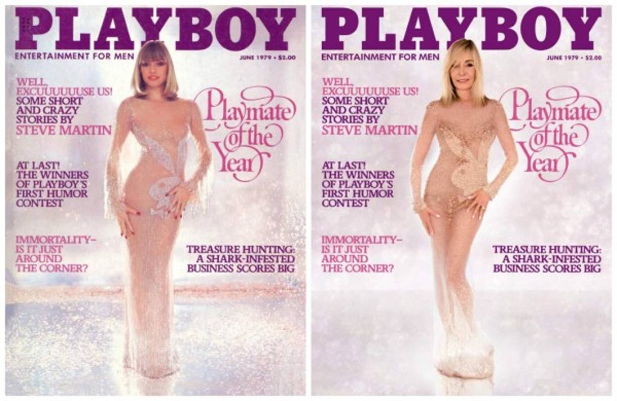 Monique St. Pierre fue elegida ‘playmate’ del año en 1979, y es la portada del mes de junio de ese año la que vuelve a protagonizar. Para ello, se ha vuelto a enfundar en un ajustado y transparente vestido que tiene el conejo símbolo de la publicación.