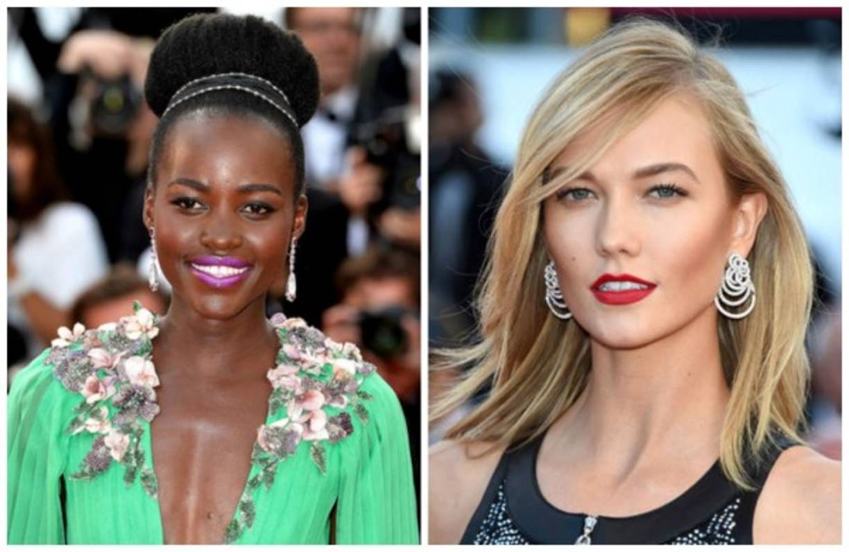 La actriz Lupita Nyong'o con un flamante labial morado. La modelo Karlie Kloss con una melena lacia y labios rojo opaco.