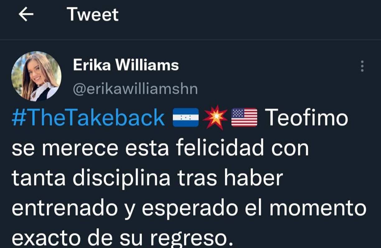 La periodista Erika Williams se sumó a las felicitaciones para el boxeador hondureño Teófimo López.