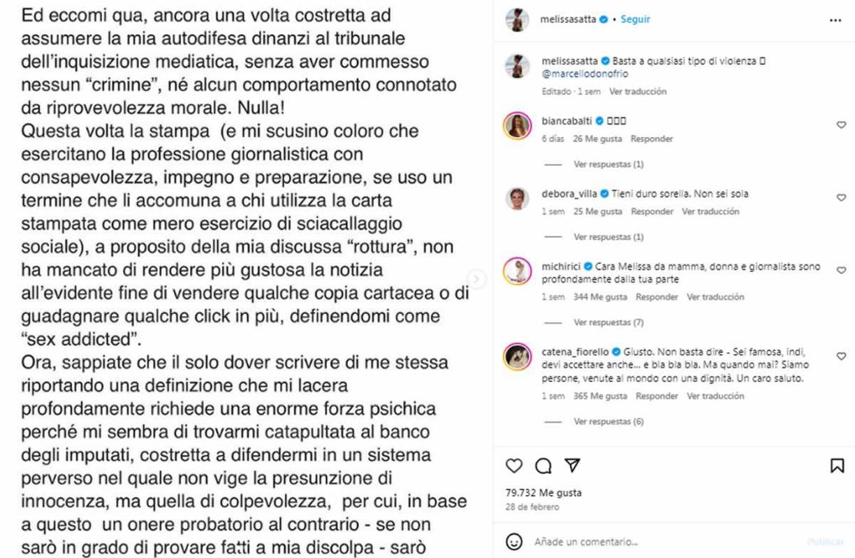 Melissa Satta se ha desahogado en un contundente comunicado que ha publicado en sus redes sociales para hablar del tema.
