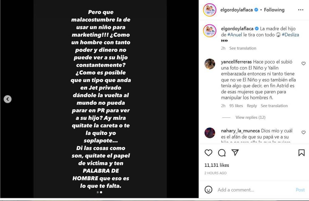 “Pero qué mala costumbre la de usar un niño para marketing. ¿Cómo un hombre con tanto poder y dinero no puede ver a su hijo constantemente? ¿Cómo es posible que un tipo que anda en Jet privado dándole la vuelta al mundo no pueda parar en PR para ver a su hijo?”, escribió Astrid en sus stories de Instagram. 