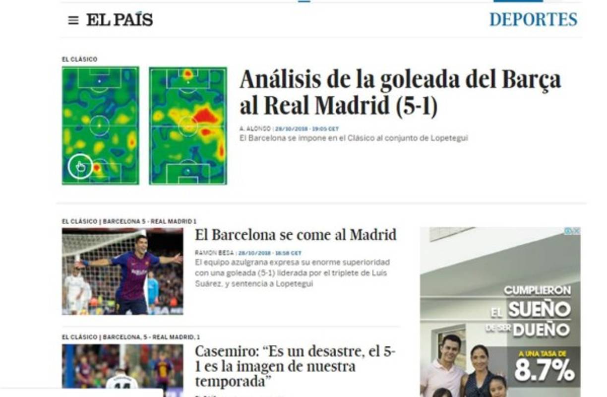 Diario El País de España: 'El Barcelona se come al Madrid'. 'El equipo azulgrana expresa su enorme superioridad con una goleada (5-1) liderada por el triplete de Luis Suárez, y sentencia a Lopetegui'.