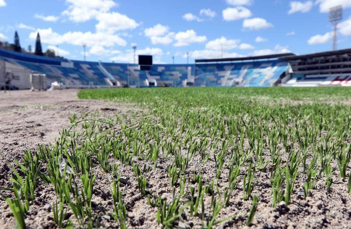 Así luce el sector que ya ha sido cosido con el césped sintético que se estará uniendo con el natural.