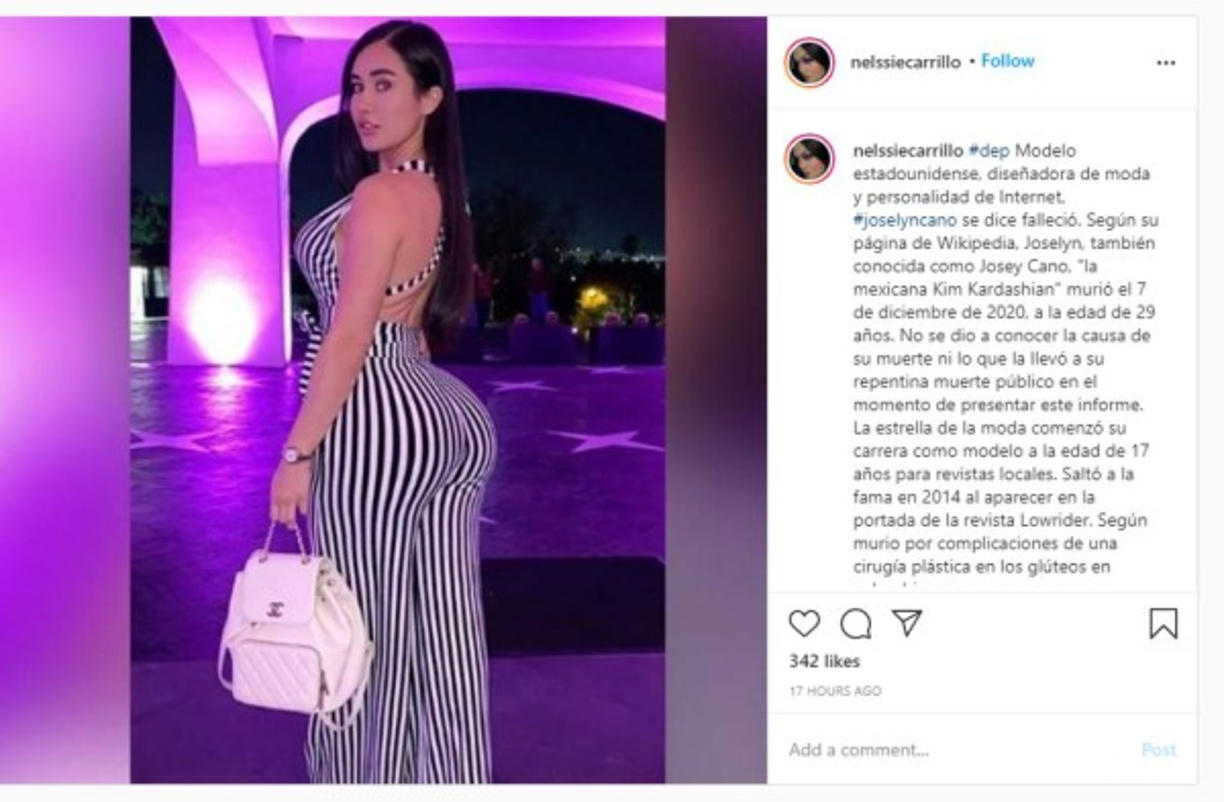 “#dep Modelo estadounidense, diseñadora de moda y personalidad de Internet, #joselyncano se dice falleció. Según su página de Wikipedia, Joselyn, también conocida como Josey Cano, “la mexicana Kim Kardashian” murió el 7 de diciembre de 2020, a la edad de 29 años.