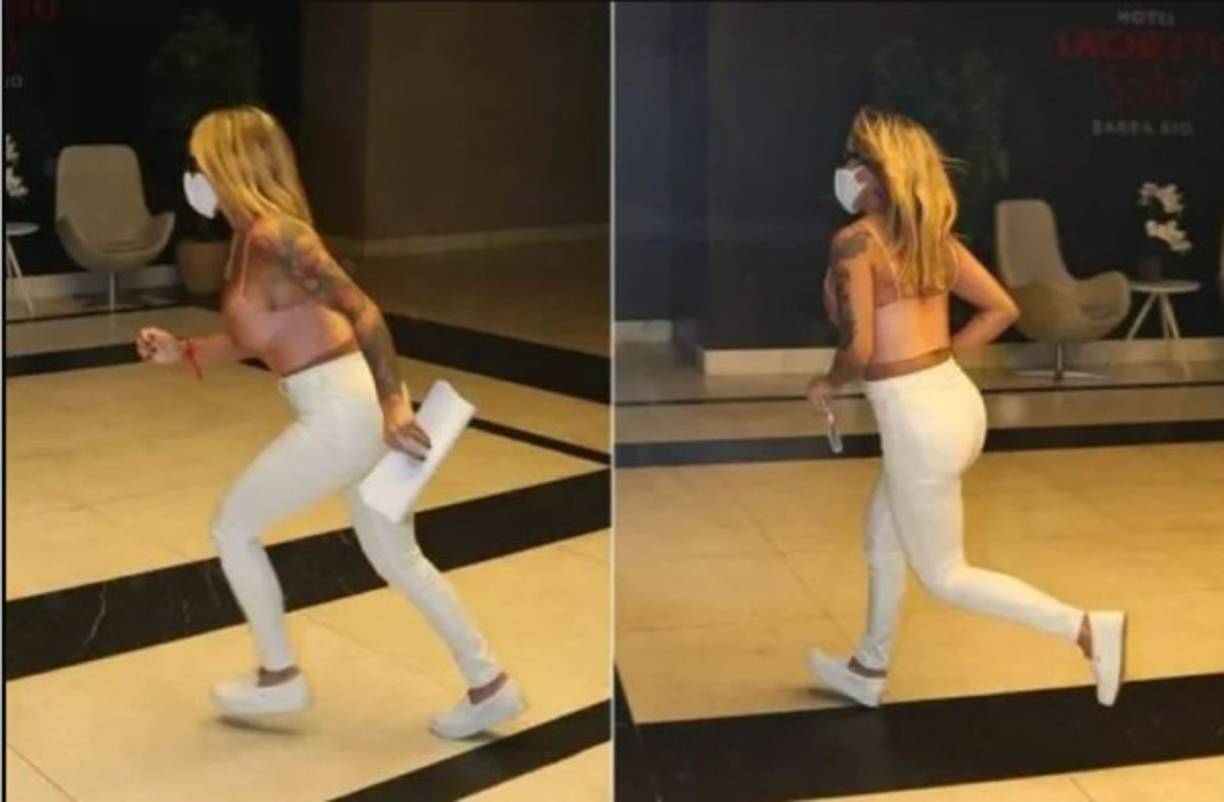 Bianca Domingues sale corriendo del hotel donde ocurrió la tragedia tras dar declaraciones ante la Policía de Río de Janiero. Foto cortesía Brazil News