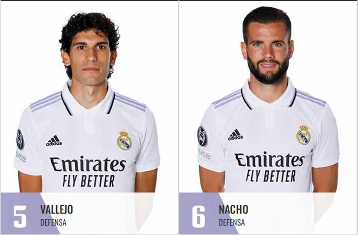 Los defensas Jesús Vallejo, con el número 5, y Nacho Fernández, con el 6, son las otras opciones del Real Madrid para la zona baja.