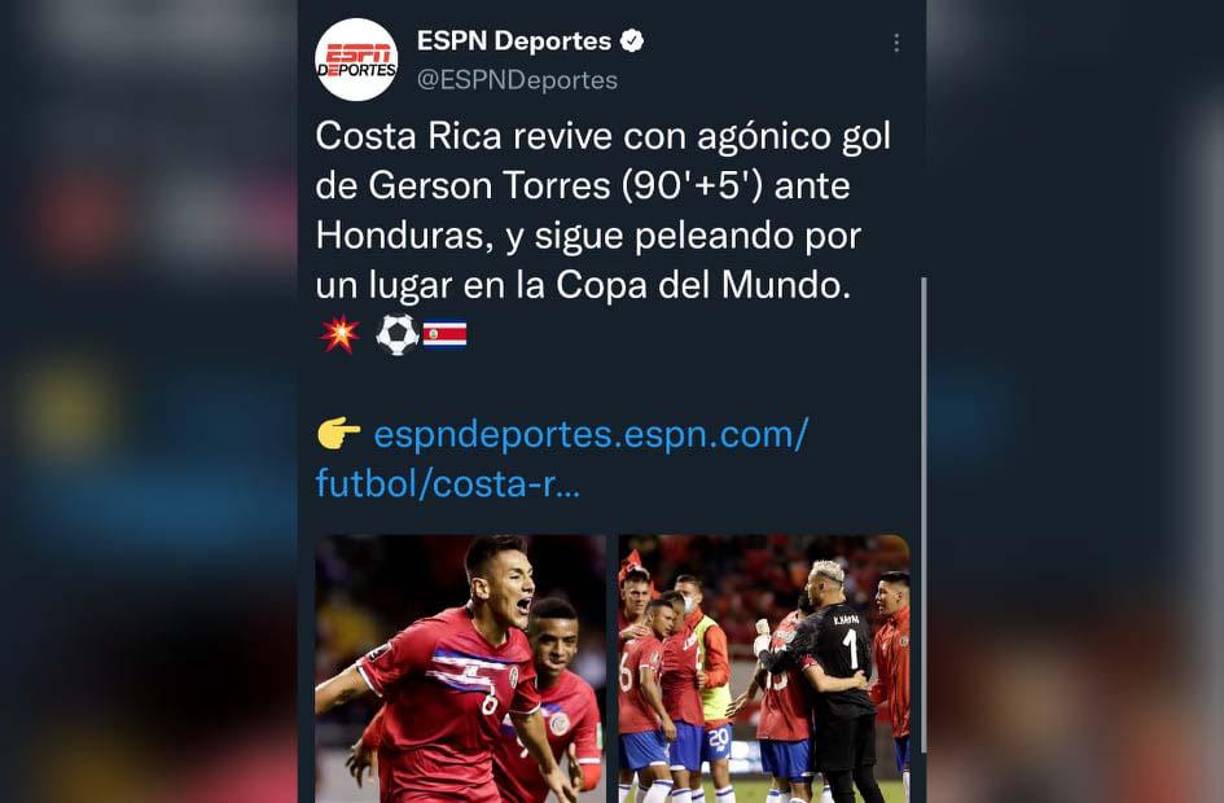 ESPN Deportes indicó que Costa Rica revive.