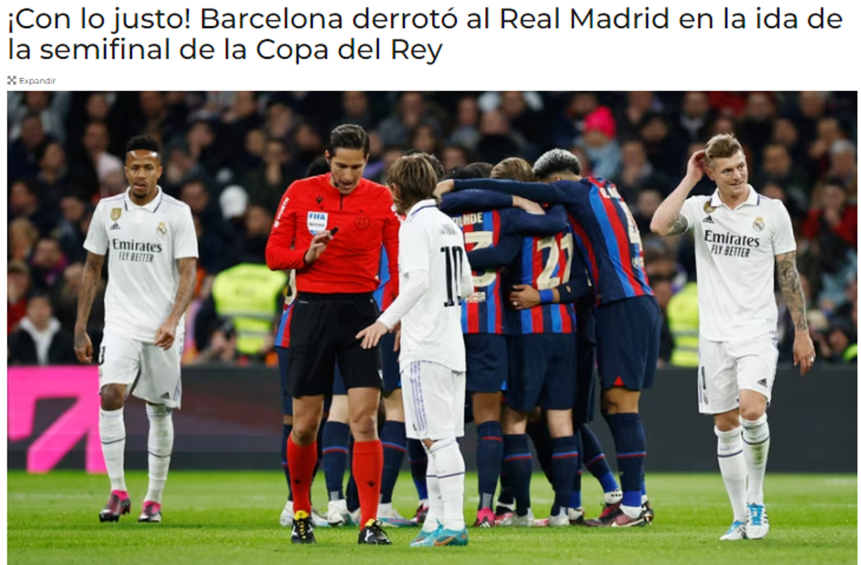 Fox Sports: “¡Con lo justo! Barcelona derrotó al Real Madrid en la ida de la semifinal de la Copa del Rey”.