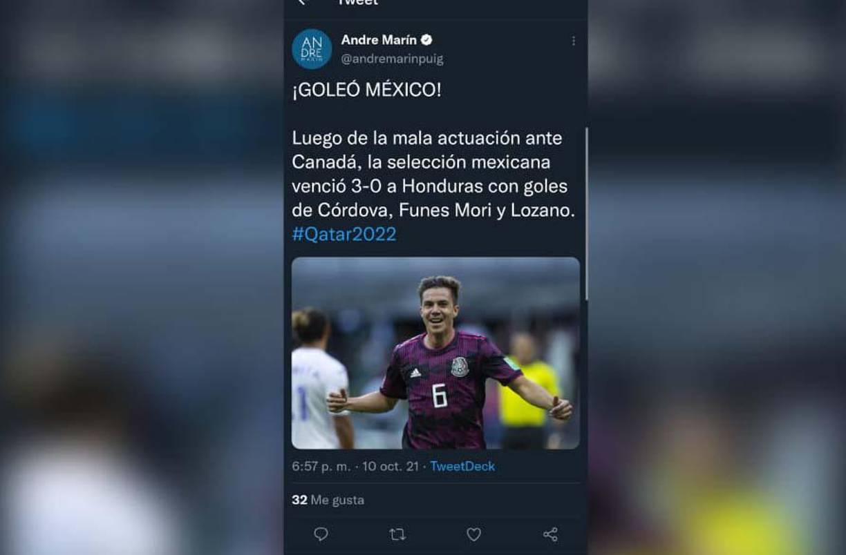 André Marín: “Goleó México. Luego de la mala actuación ante Canadá, la selección mexicana venció 3-0 a Honduras”.