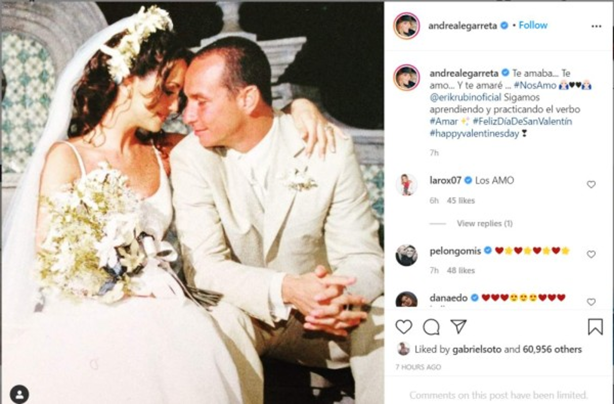 “Te amaba... Te amo... Y te amaré...@erikrubinoficial Sigamos aprendiendo y practicando el verbo #Amar #FelizDíaDeSanValentín #happyvalentinesday”, escribió Andrea Legarreta junto a esta bella postal del día de su boda con Erik Rubín.