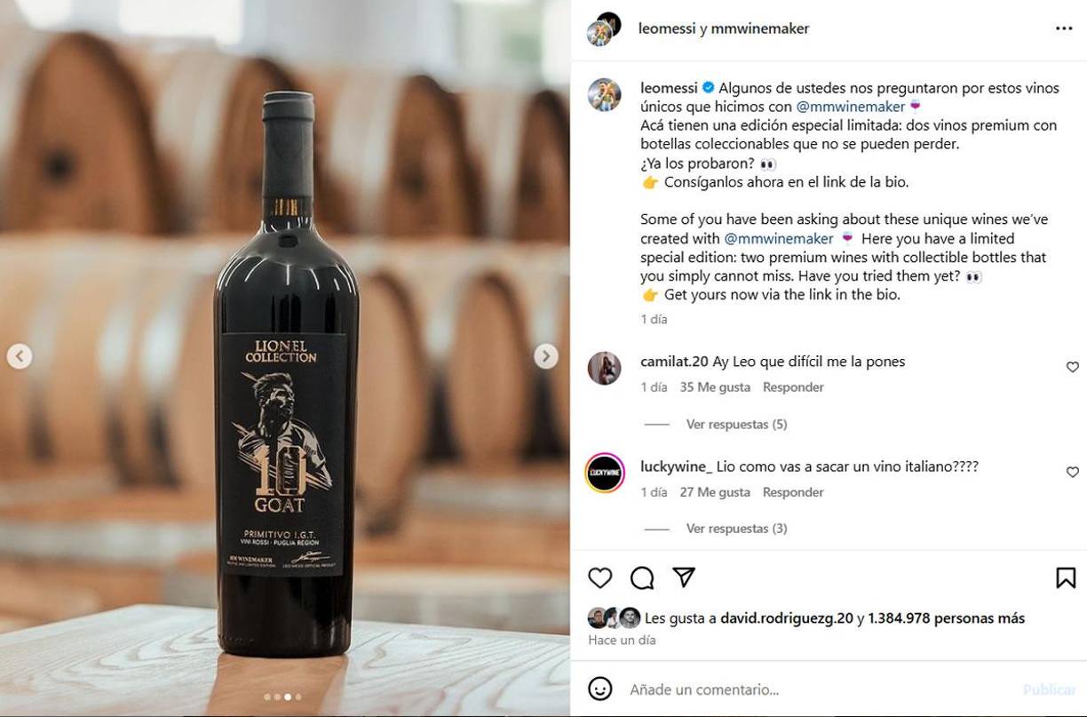 La estrella del fútbol compartió el lanzamiento en sus redes sociales, publicando una imagen del producto. “Algunos de ustedes nos preguntaron por estos vinos únicos”, escribió en su cuenta de Instagram, dejando un enlace para adquirirlo en línea.