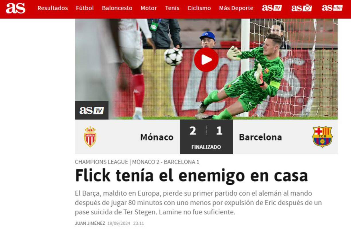 ”Flick tenía el enemigo en casa”, señaló el Diario AS culpando a Ter Stegen por la derrota del Barcelona ante el AS Mónaco en la Liga de Campeones de Europa.