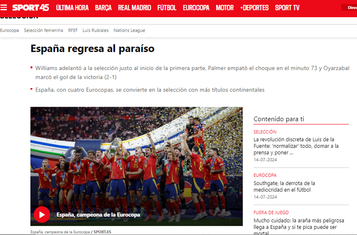 “España regresa al paraíso”, Diario Sport de España.