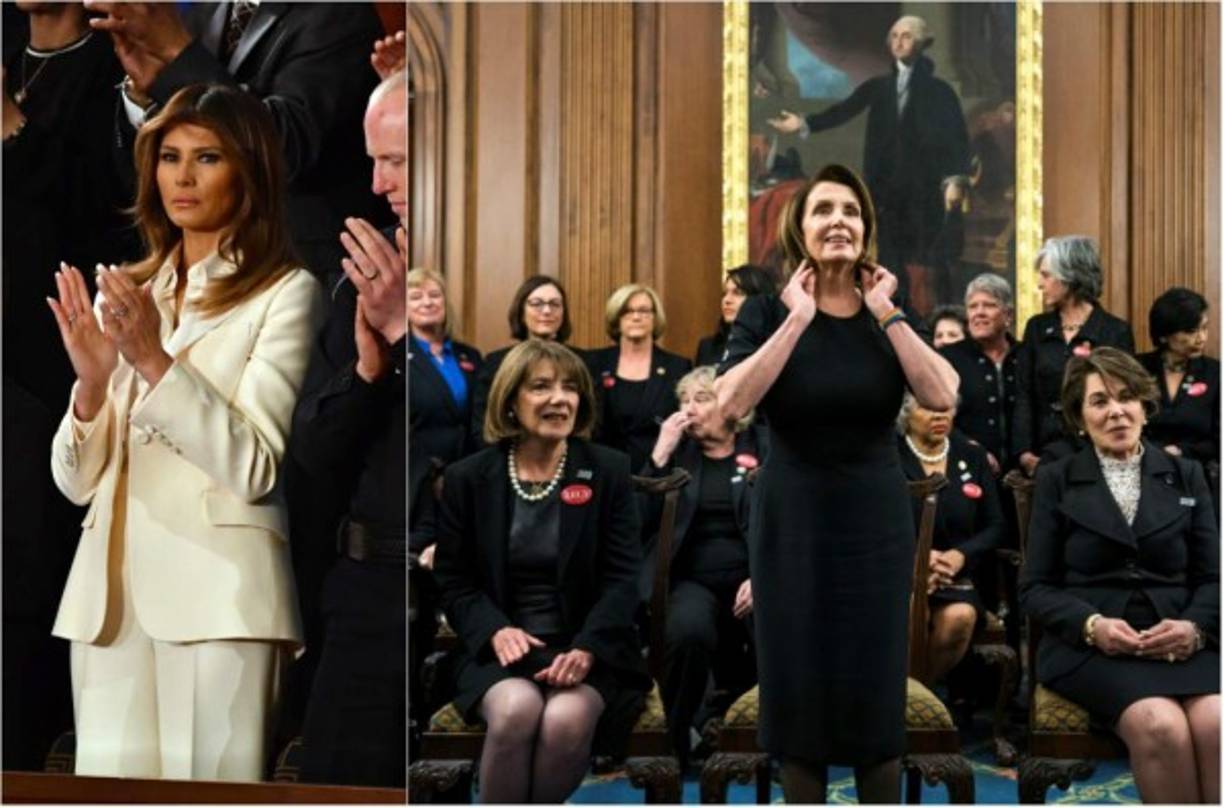 La primera dama fue criticada porque su elegante traje pantalón contrastó con el negro que lucieron representantes demócratas en solidaridad con el movimiento #MeToo contra el acoso sexual.