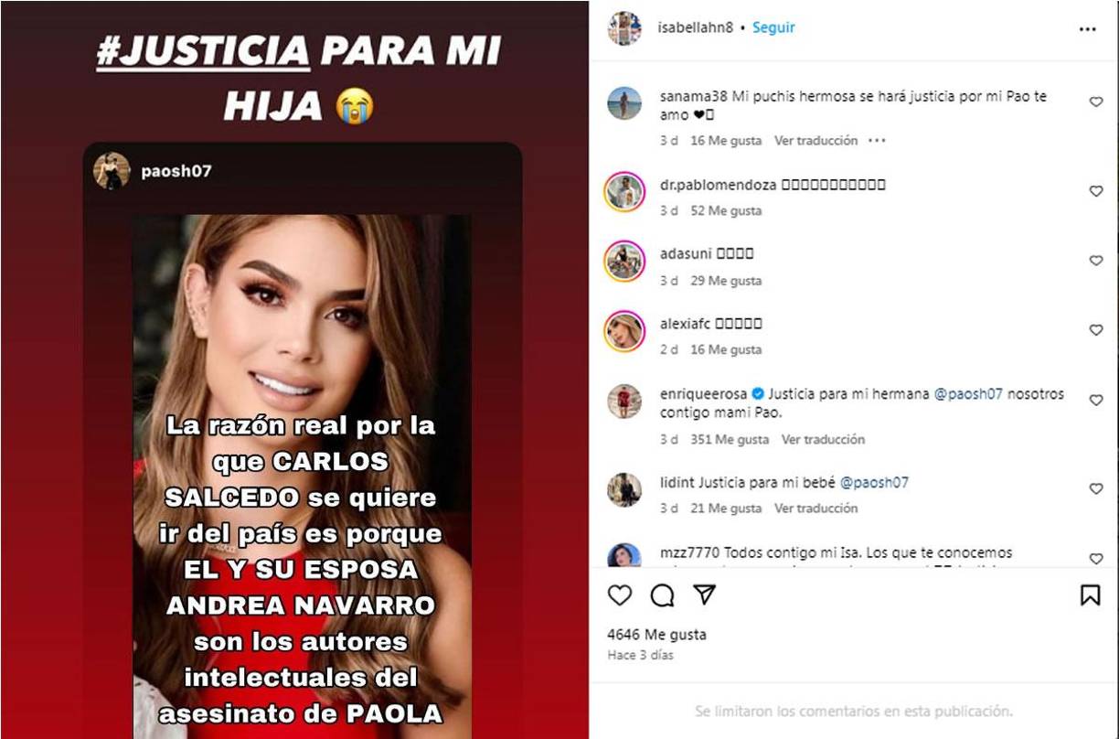“Justicia para mi hija. La razón real por la que Carlos Salcedo se quiere ir del país es porque él y su esposa Andrea Navarro son los autores intelectuales del asesinato de Paola”, fue el contundente mensaje de la padre del jugador mexicano en su cuenta de Instagram.