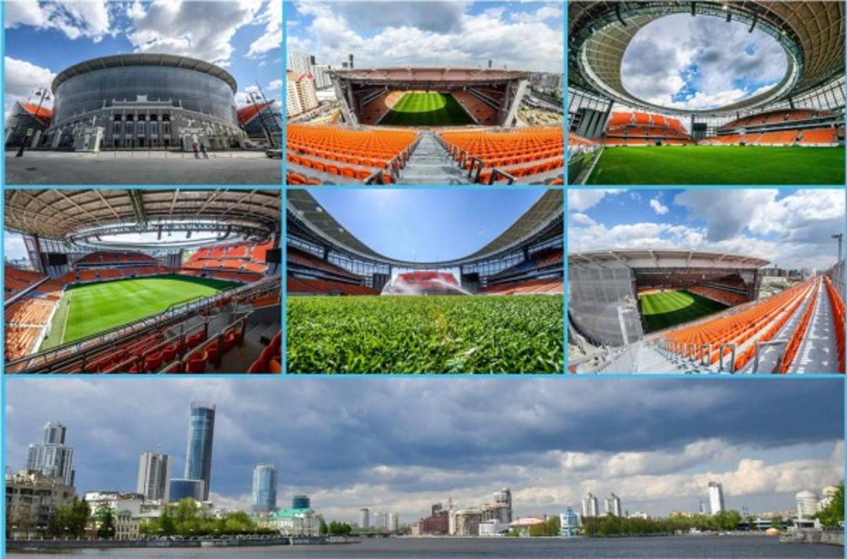 Las tribunas temporales del Ekaterinburgo Arena, levantadas sobre impresionantes andamios en el exterior del estadio, han aparecido en las portadas de todo el mundo. Los organizadores garantizan que no hay peligro, Inaugurado en 1957, el estadio es una joya de la arquitectura soviética en una ciudad en la que los Bolcheviques ejecutaron en 1918 a la familia del último Zar ruso, Nicolás II. Será la sede de los siguientes partidos:<br/><br/>Egipto – Uruguay (Grupo A).<br/>Francia – Perú (Grupo C).<br/>México – Suecia (Grupo F).<br/>Japón – Senegal (Grupo H). Foto AFP