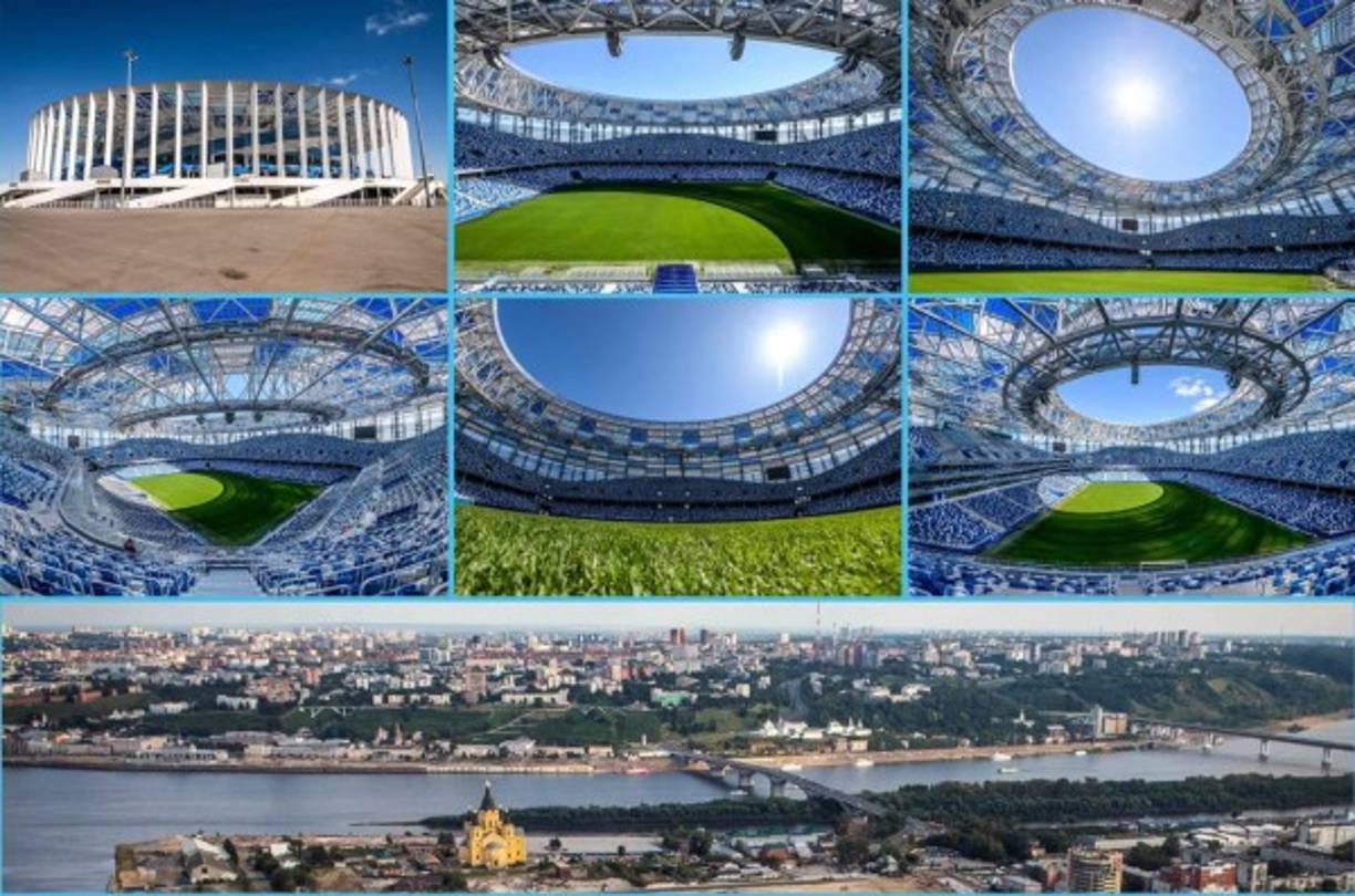 Este estadio de inferior capacidad de lo que podría parecer desde el exterior fue inaugurado el pasado mes de abril. Varios incidentes marcaron su construcción, entre ellos un incendio sin importancia en octubre. Está situado en la confluencia de los ríos Volga y Oka, a 400 km al este de Moscú. Será sede de los siguientes partidos:<br/><br/>Argentina – Croacia (Grupo D).<br/>Suecia – Corea del Sur (Grupo F).<br/>Suiza – Costa Rica (Grupo E).<br/>Inglaterra – Panamá (Grupo F). Foto AFP