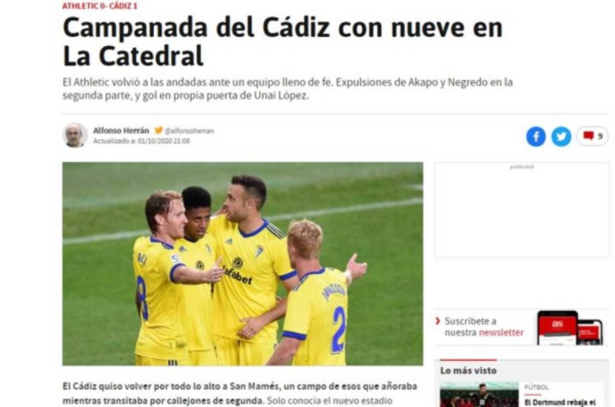 Diario As - 'Campanada del Cádiz con nueve en La Catedral'. 'Lozano corrió por la verde pradera y al tratar de centrar a Jonsson, la interceptó Unai López, que anotó en propia puerta', dice la crónica del medio madrileño.