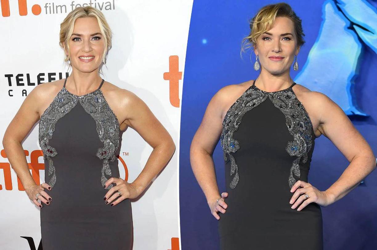 En 2015, la actriz usó el vestido con aretes de diamantes, sombra de ojos metálica y su cabello recogido. Para el estreno del martes, Kate Winslet optó por un estilo y accesorios similares, esta vez agregando aretes más grandes y un flequillo lateral.