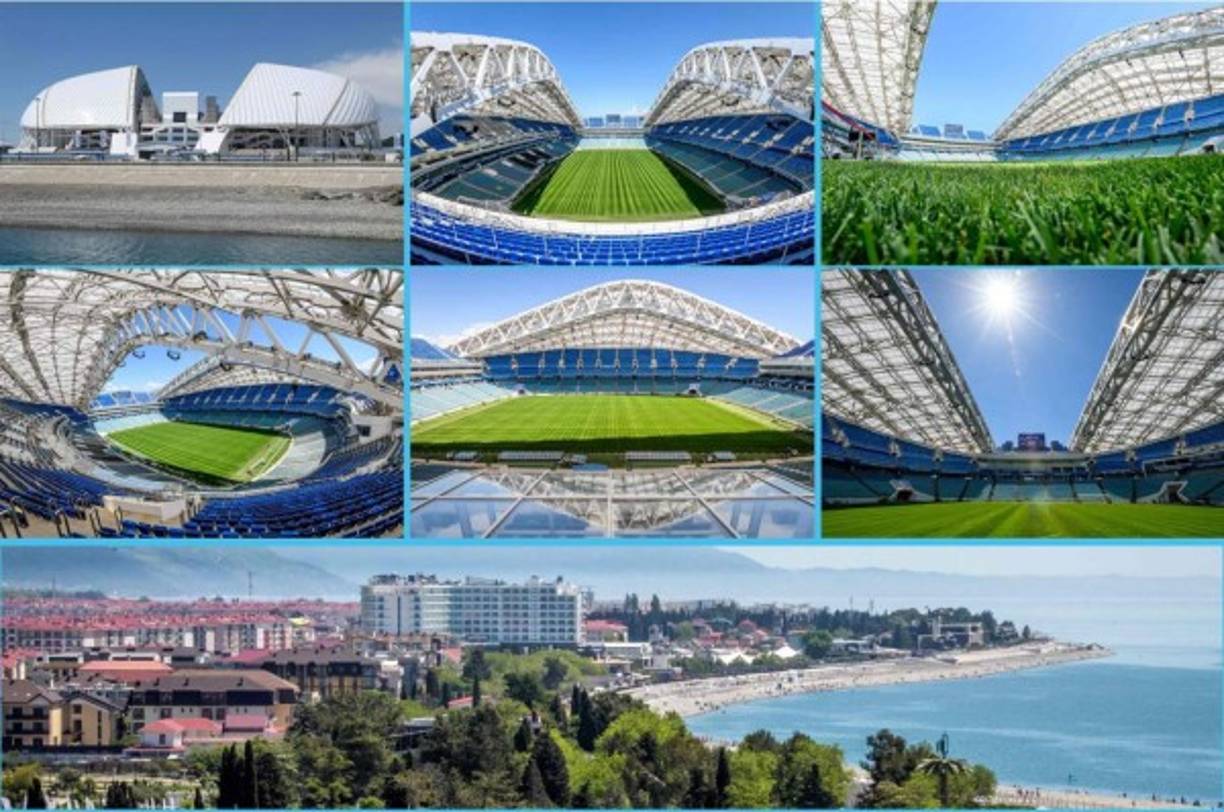 Ubicado en la estación-balneario de Sochi, al borde del Mar Negro y a los pies de las montañas del Cáucaso, el estadio Fisht se dio a conocer a nivel global con las ceremonias de inauguración y de clausura de los Juegos Olímpicos de Invierno-2014. Después fue adaptado para partidos de fútbol y fue sede de la Copa de las Confederaciones. Será la sede de los siguientes partidos:<br/><br/>Portugal – España (Grupo B).<br/>Australia – Perú (Grupo C).<br/>Alemania – Suecia (Grupo F).<br/>Bélgica – Panamá (Grupo G). Foto AFP
