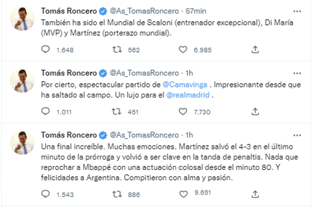 Asimismo, Tomás Roncero de El Chiringuito, quien aprovechó para mostrar su euforia.