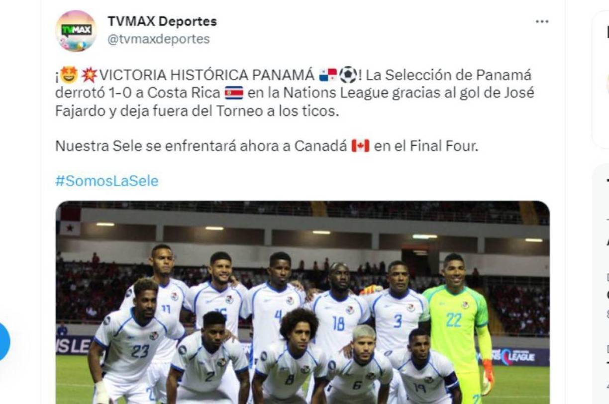TV Max Deportes de Panamá: “La Selección de Panamá derrotó 1-0 a Costa Rica en la Nations League gracias al gol de José Fajardo y deja fuera del Torneo a los ticos”.