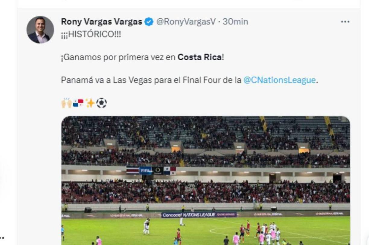 Rony Vargas, periodista de Panamá: “¡¡¡HISTÓRICO!!! ¡Ganamos por primera vez en Costa Rica! Panamá va a Las Vegas para el Final Four de la Nations League”.