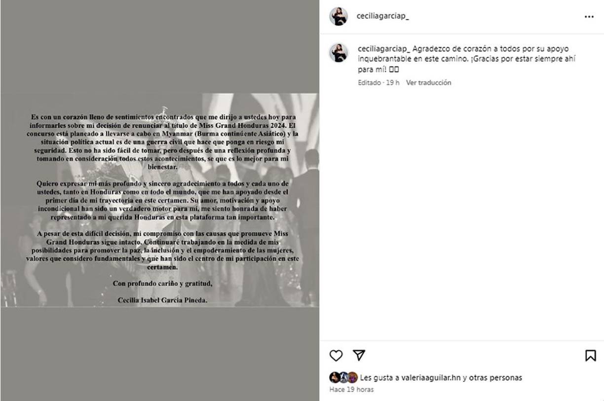“Con un corazón lleno de sentimientos encontrados que me dirijo a ustedes hoy para informarles sobre mi decisión de renunciar al título de Miss Grand Honduras 2024”, inició García en la publicación.