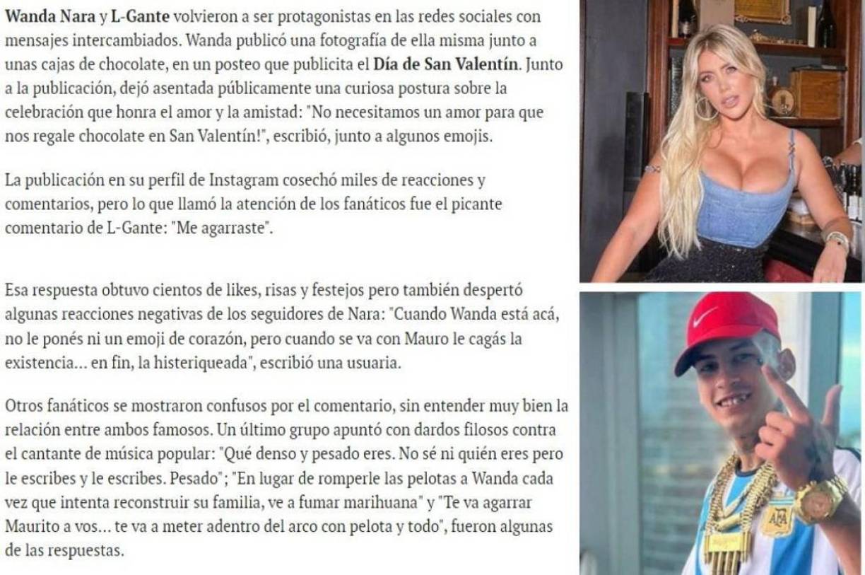 “Me agarraste”, comentó L-Gante a Wanda Nara por el día de San Valentín, así lo dio a conocer Marca.