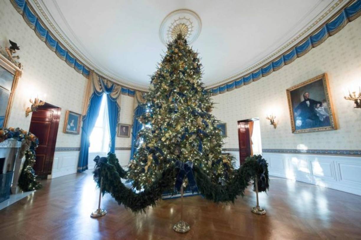 El árbol navideño que la primera dama recibió junto a su hijo Barron, adorna la Sala Azul de la residencia presidencial.<br/>
