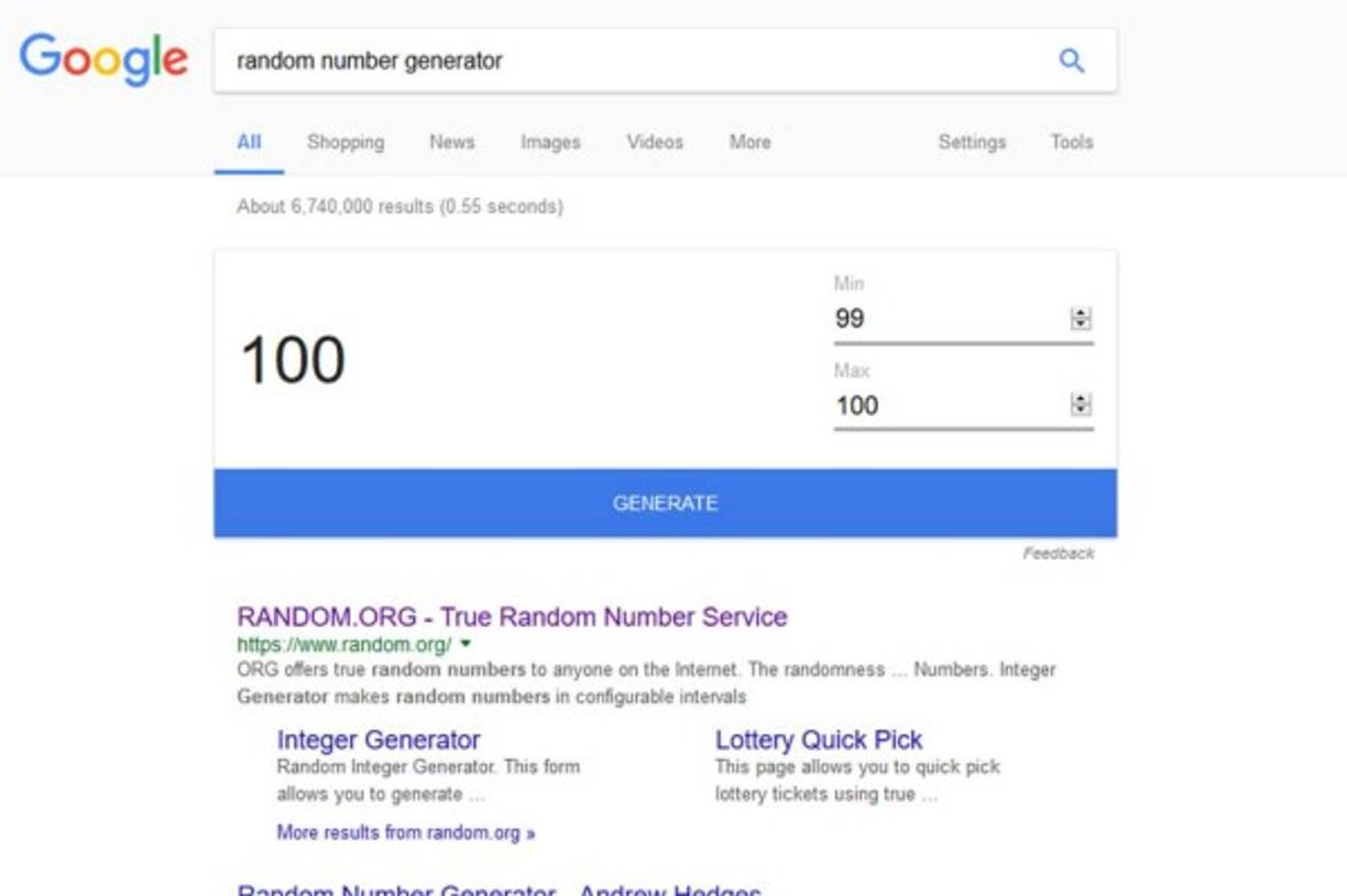 GENERADOR DE NÚMEROS ALEATORIOS<br/>¿Alguna vez has jugado 'el que adivine el número gana'? Google te ayuda con una herramienta que genera números al azar en un rango que el usuario puede configurar. Se accede a él escribiendo 'Random number generator'.