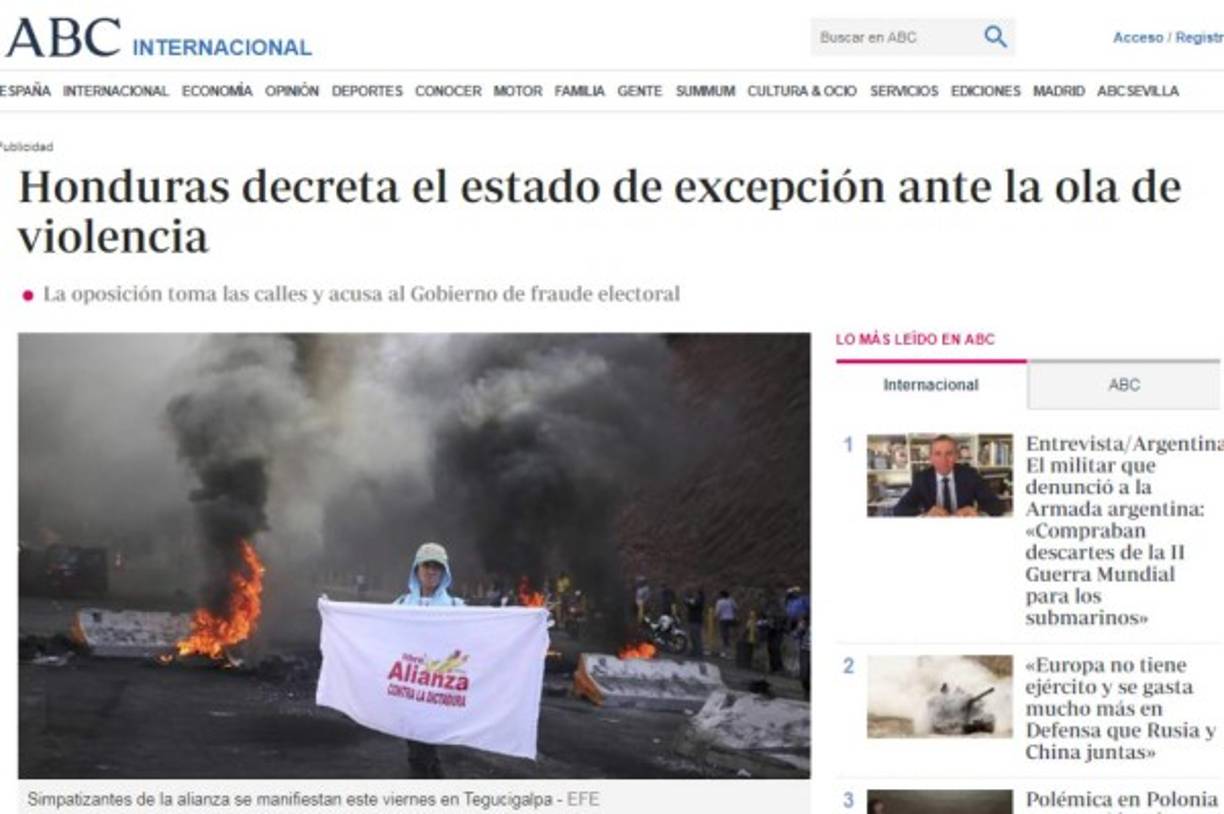El diario ABC de España también destacó la crisis que se ha desatado en los últimos días en Honduras.