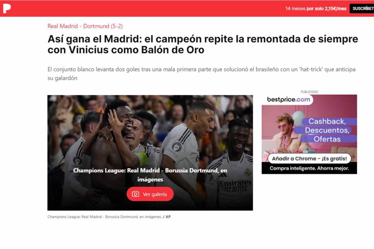 El Periódico de Cataluña - “Así gana el Madrid: el campeón repite la remontada de siempre con Vinicius como Balón de Oro”.