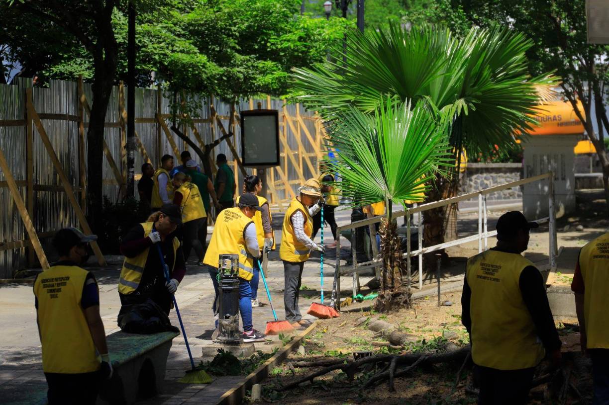 Con escobas en mano, hombres y mujeres limpian bajo el ardiente sol.