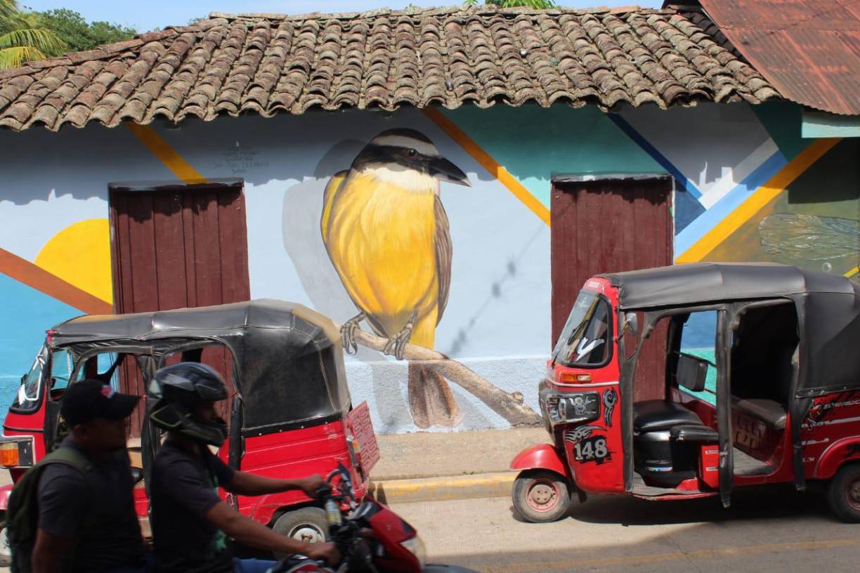 La pintura de un pájaro figura en la entrada de una vivienda del centro de San Antonio, Cortés.
