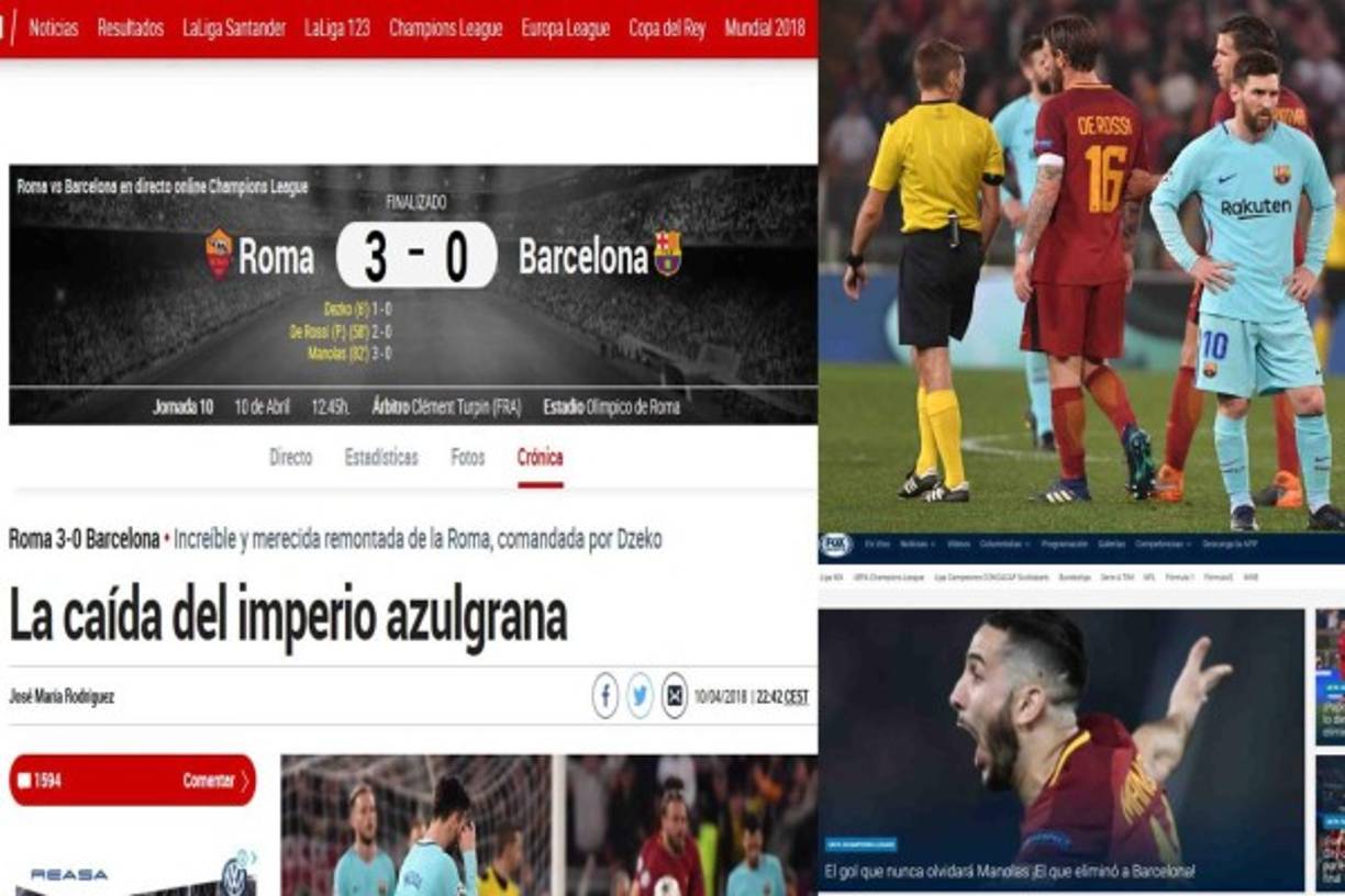 La Roma dio la gran sorpresa de los cuartos de final de la Liga de Campeones al derrotar al Barcelona por 3-0 y levantar la eliminatoria (4-1 en la ida) para clasificarse este martes a semifinales de la competición. Mira lo que dice la prensa internacional de la humillación del club culé.
