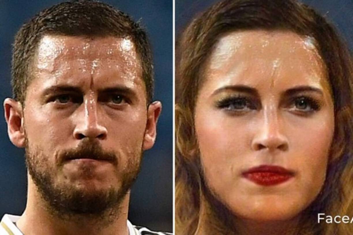Así se mira Eden Hazard, delantero belga del Real Madrid, convertido en mujer con la aplicación 'FaceApp'.