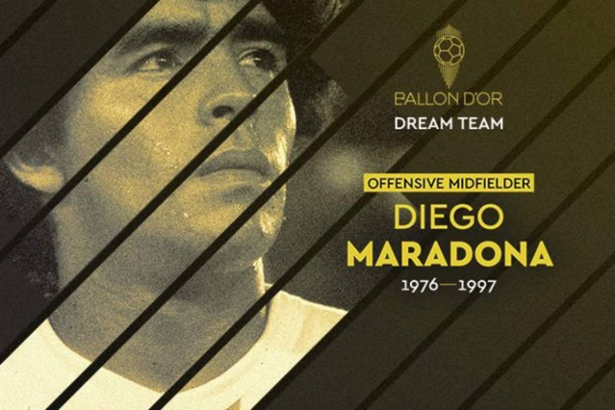 Diego Maradona - El recientemente fallecido futbolista argentino no podía faltar en el mejor once de la historia. El '10', el gran ídolo de los argentinos y para muchos en elmundo, se presenta como centrocampista ofensivo en el once. <br/><br/>Maradona, considerado por muchos como el mejor jugador de todos los tiempos, no podía faltar en un galardón que es un homenaje póstumo a su carrera y a su magia. Ganó el Mundial de México 86 donde fue la figura.