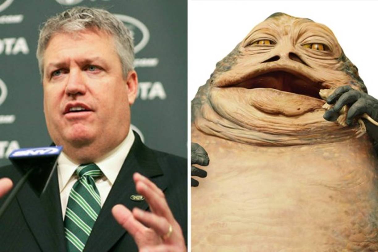 REX RYAN / JABBA THE HUTT. Cuando estaba súper obeso y dirigía a los Jets de Nueva York, era imposible verlo y no recordar al súper villano verde que dirigía a un ejercito criminal en Tatooine. Aunque bueno, Jabba tenía a Leia en el bikini metálico y Rex se tuvo que conformar con Mark Sanchez.